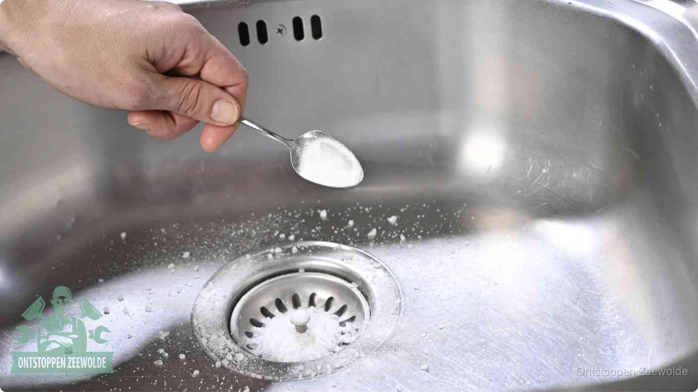 Een hand strooit met een lepel soda in een afvoerputje, de soda en azijn huismiddel-methode om de wc te ontstoppen in Zeewolde
