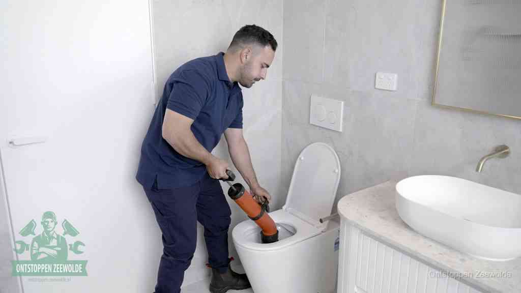 Een monteur gebruikt een handmatige perspomp (toiletontstopper) op een wandcloset tijdens het professioneel wc ontstoppen in Zeewolde