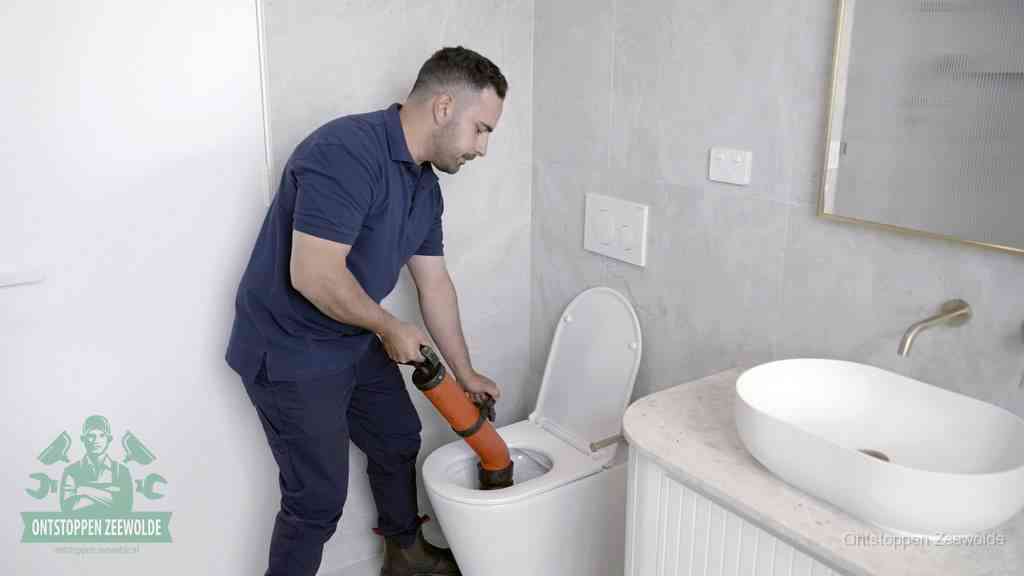 Een man gebruikt een handmatige luchtdruk-ontstopper in een modern betegeld toilet om zelf de wc te ontstoppen in Zeewolde